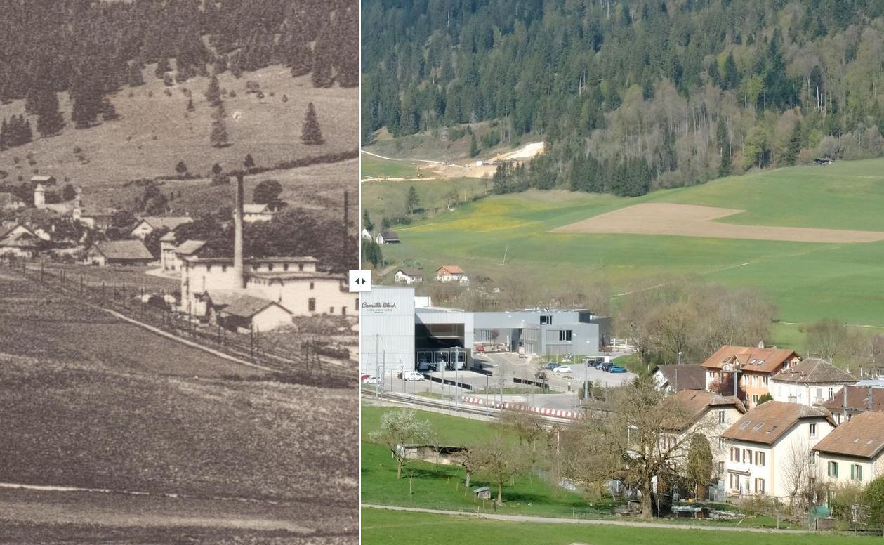 Courtelary, der Bahnhof und die Fabrik Camille Bloch